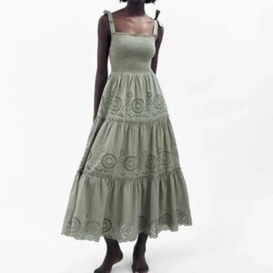 Zara Green  Cutout Embroidered Smocked Tie-Shoulder Midi Dress size XS